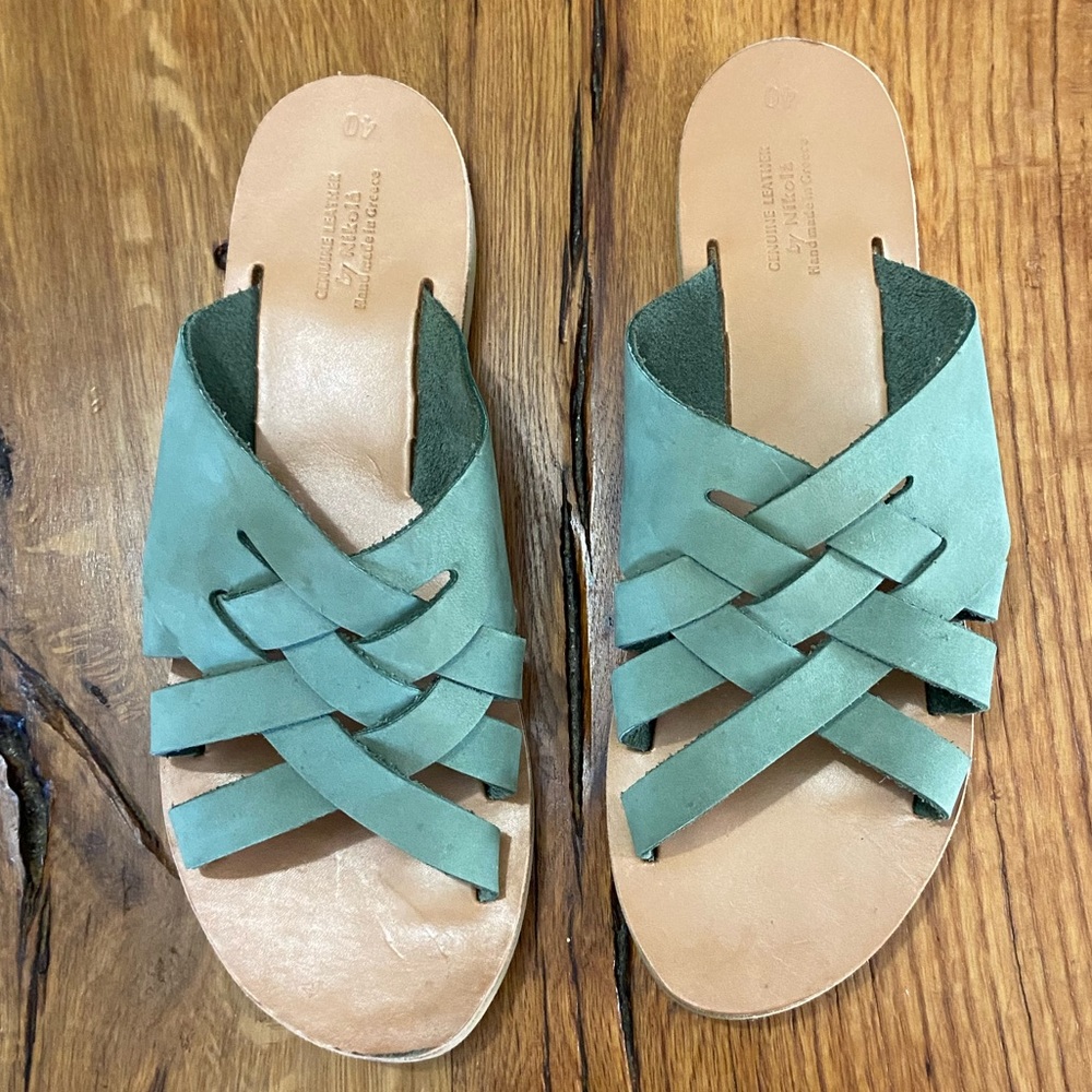 Nikola Handmade Leather Sandals in Pretty Moss Green, Super Soft, Size 40 (8.5)